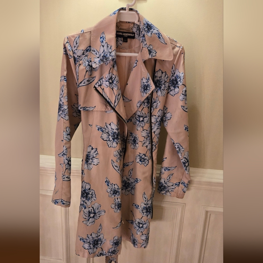 Karl Lagerfeld Tan and Blue Floral Trench Coat